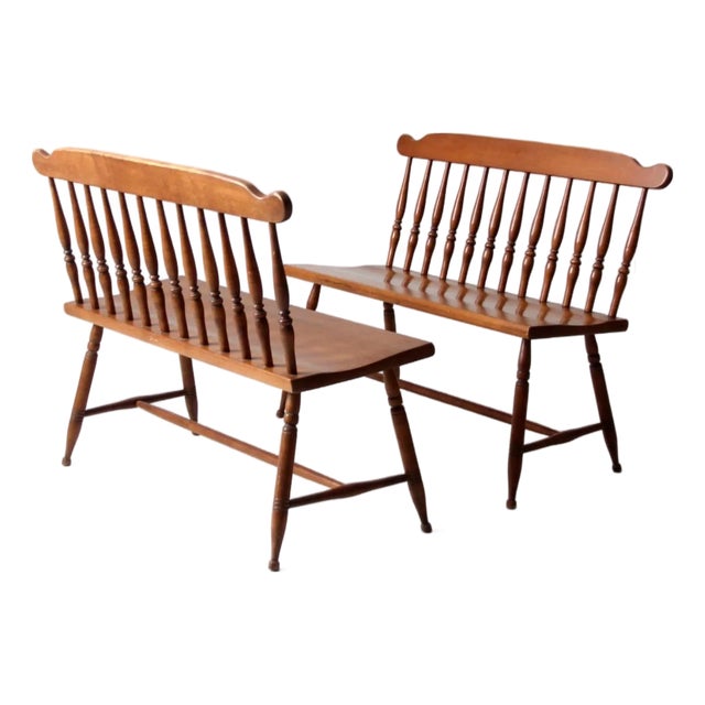 Mid-Century Colonial Revival Maplelux Maple Benches Pair For Sale