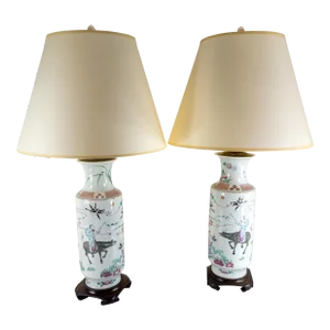 19th C. Or Earlier Chinese Chinoiserie Pair of Famille Rose Vases as Table Lamps