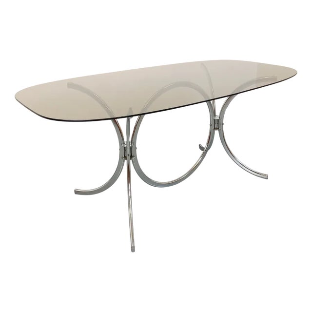 Space Age Style Rounded Rectangular Smoked Glass and Chrome Metal Dining Table, 1970s For Sale
