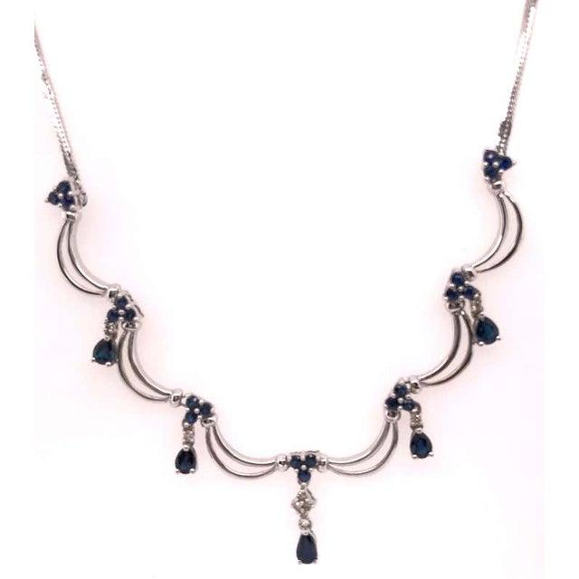 White 14 Karat Gold Fancy Link Drop Necklace With Diamonds and Sapphires 0.08 TDW For Sale - Image 8 of 12