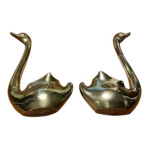 Vintage Monumental Mirror-Polished Brass Swan Planters- a Pair