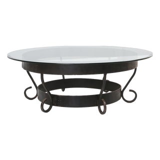 Rustic Round Coffee Table with Wrought Iron Base and Glass Top, France, 1930s For Sale