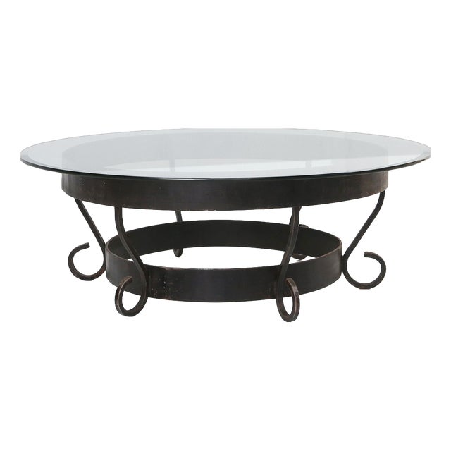 Rustic Round Coffee Table with Wrought Iron Base and Glass Top, France, 1930s For Sale