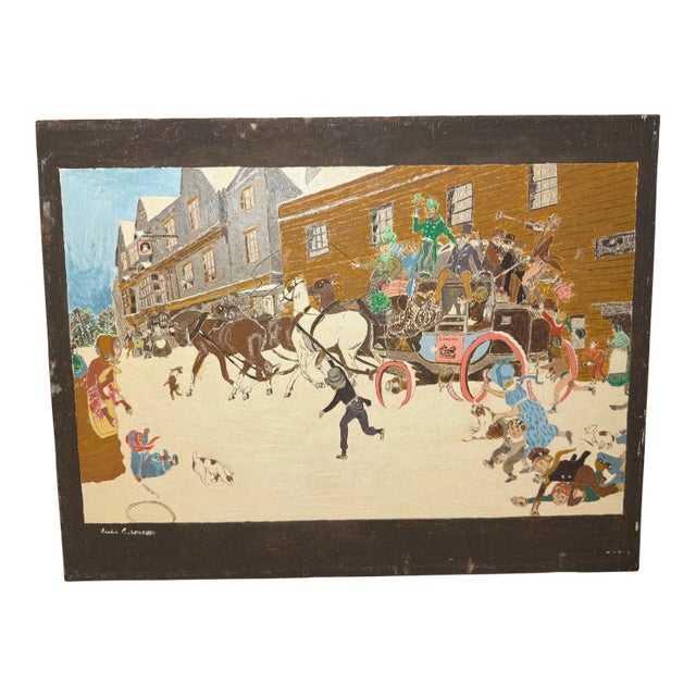 Vintage Original Robinson Village Cityscape Chariot Oil Painting on Canvas Board For Sale