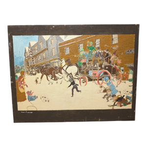 Vintage Original Robinson Village Cityscape Chariot Oil Painting on Canvas Board