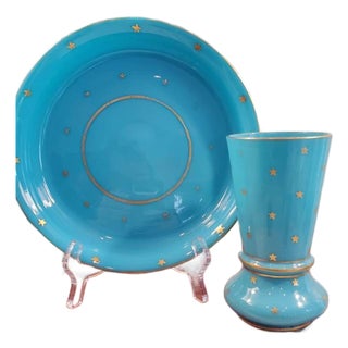 Beautiful PV blue opaline glass vase and matching plate // rare gold stars // Portieux Vallerysthal // french blue // vintage glassware // For Sale