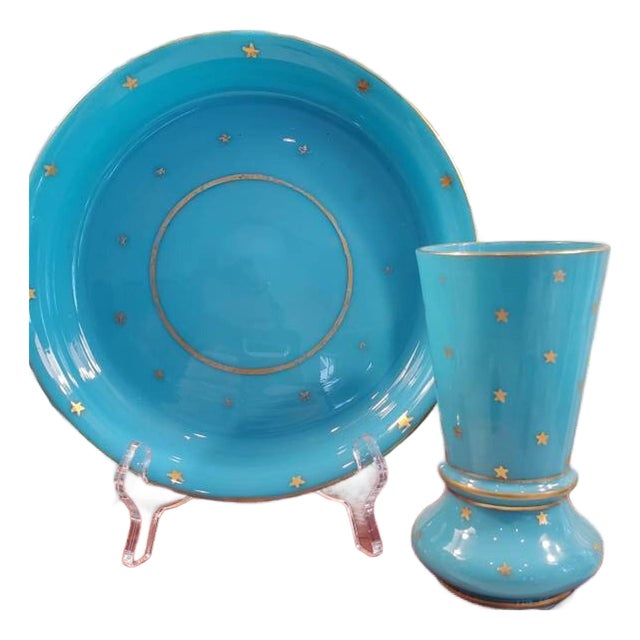 Beautiful PV blue opaline glass vase and matching plate // rare gold stars // Portieux Vallerysthal // french blue // vintage glassware // For Sale