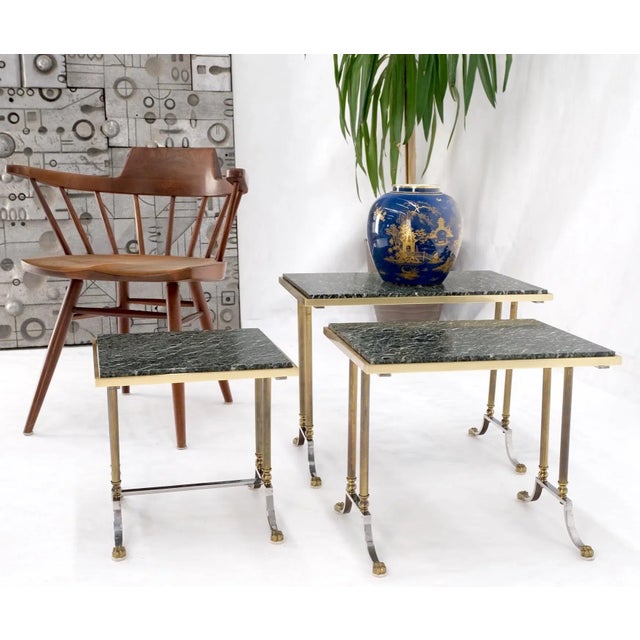 Metal Set of 3 Very Fine Metal Work Brass Chrome Marble Top Nesting Side End Tables For Sale - Image 7 of 13