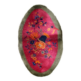 1920s Handmade Antique Oval Art Deco Chinese Rug 2.10' X 4.10' For Sale