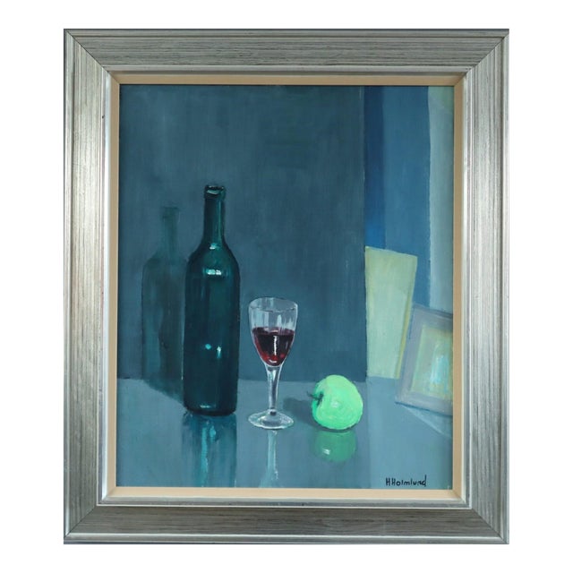 Mid-Century Modern 'Green Apple With Glasses' Vintage Original Still Life Oil Painting, Framed For Sale