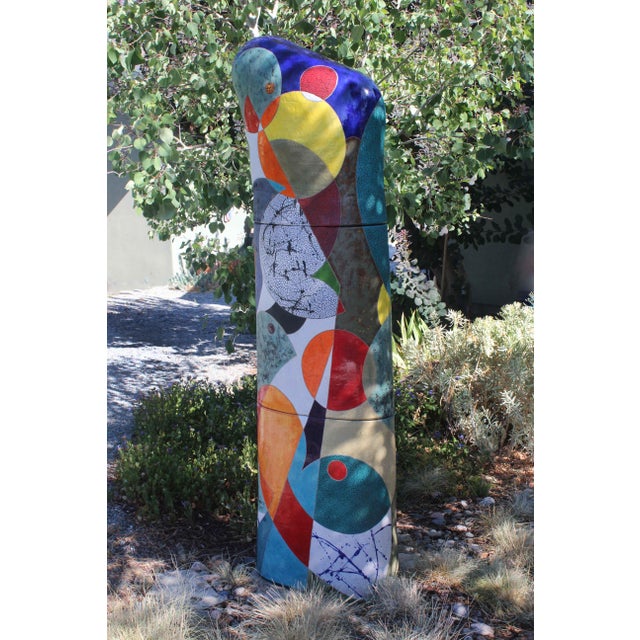 Contemporary "Call the Sea" by Michael Gustavson, Large Raku Ceramic Column Sculpture for Garden or Indoors, Contemporary California Art, Vibrant Colors For Sale - Image 3 of 5