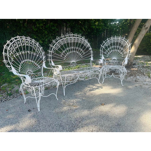 Metal 1950s Peacock Style Wrought Iron Set of Chairs With Matching Bench - Set of 3 For Sale - Image 7 of 11