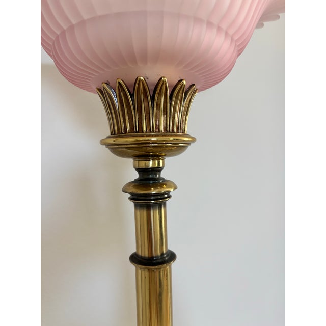Art Deco 1970s Hollywood Regency/Art Deco Brass With Pink Glass Floor Lamp/Torche For Sale - Image 3 of 12