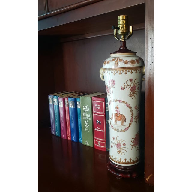 Vintage Chinoiserie Porcelain Table Lamp | Elephant Handle Accent For Sale - Image 11 of 12