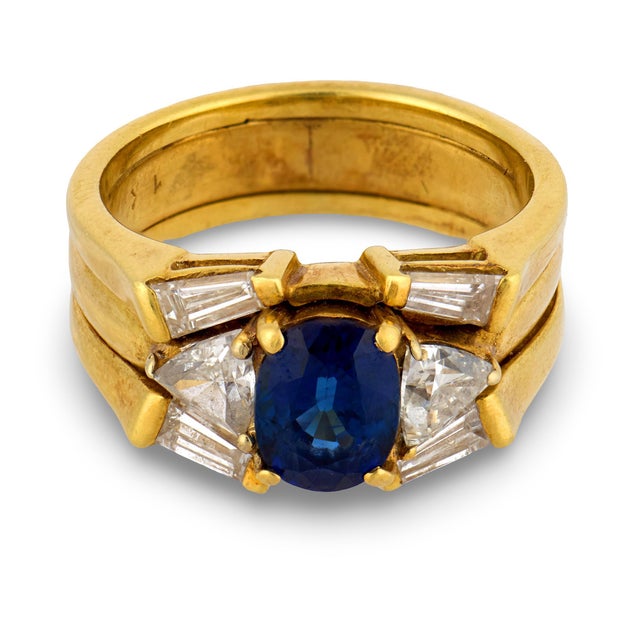 Contemporary Vintage Sapphire Diamond 14k Yellow Gold Engagement Ring, Size 5 For Sale - Image 3 of 7