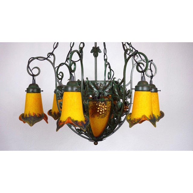 Art Deco Wrought Iron Pate de Verre Glass Chandelier, France, 1990s For Sale - Image 17 of 18