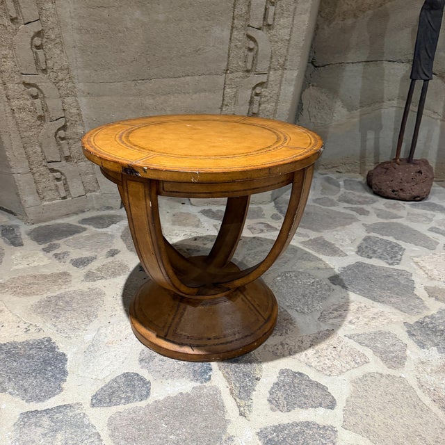 1980s Round Leather Embossed Side Table Attributed Maitland Smith Art Deco Neoclassical For Sale - Image 5 of 15