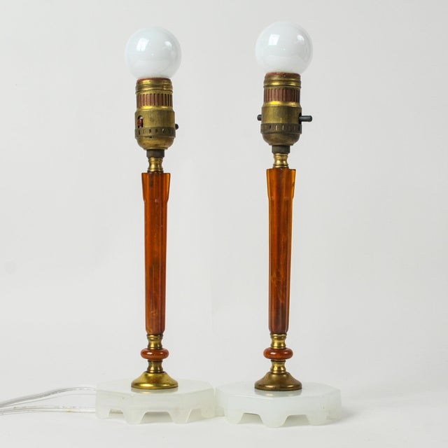 Glass 1930s Art Deco Amber Bakelite Boudoir Lamps - a Pair For Sale - Image 7 of 14