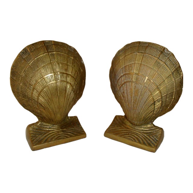 Pair Hefty Brass Scallop Shell Nautical Bookends For Sale