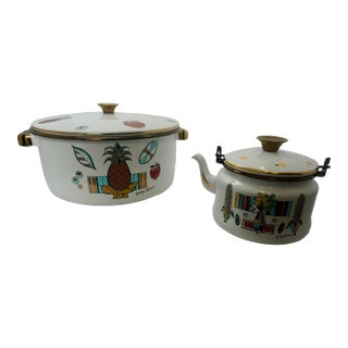 Set of 2, Vintage Georges Briand Ambrosia Enamel Giant Stock Pot Buffet Server & Kettle For Sale