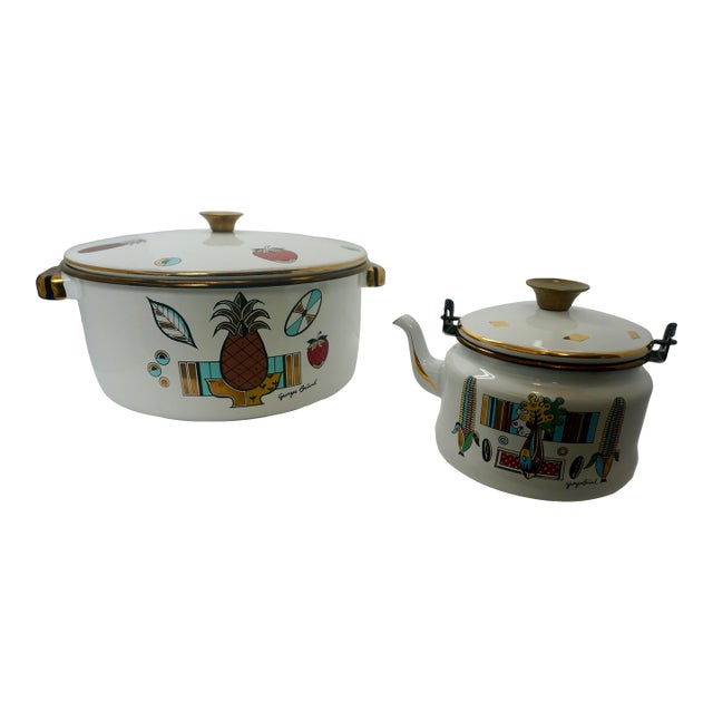 Set of 2, Vintage Georges Briand Ambrosia Enamel Giant Stock Pot Buffet Server & Kettle For Sale