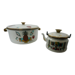 Set of 2, Vintage Georges Briand Ambrosia Enamel Giant Stock Pot Buffet Server & Kettle