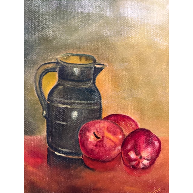 Vintage Still-Life Painting of a Dark Green Ceramic Pitcher and Red Apples, by Artist Lr Smith For Sale - Image 9 of 9