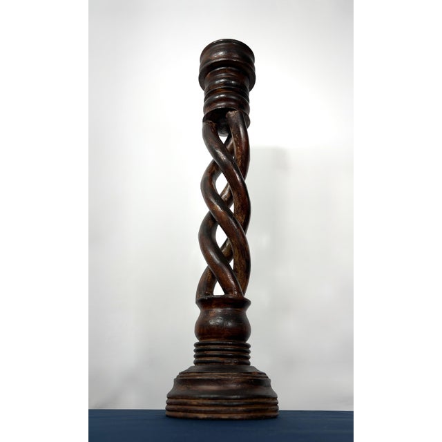 Brown 27-Inch Antique Hand-Carved Openwork Barley Twist Candlestick | 6" Diameter Base | Early 20th Century For Sale - Image 8 of 9