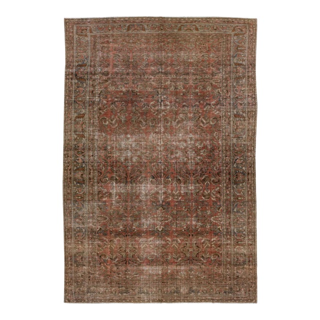 Antique Handmade Rust Persian Malayer Wool Rug With Floral Design For Sale