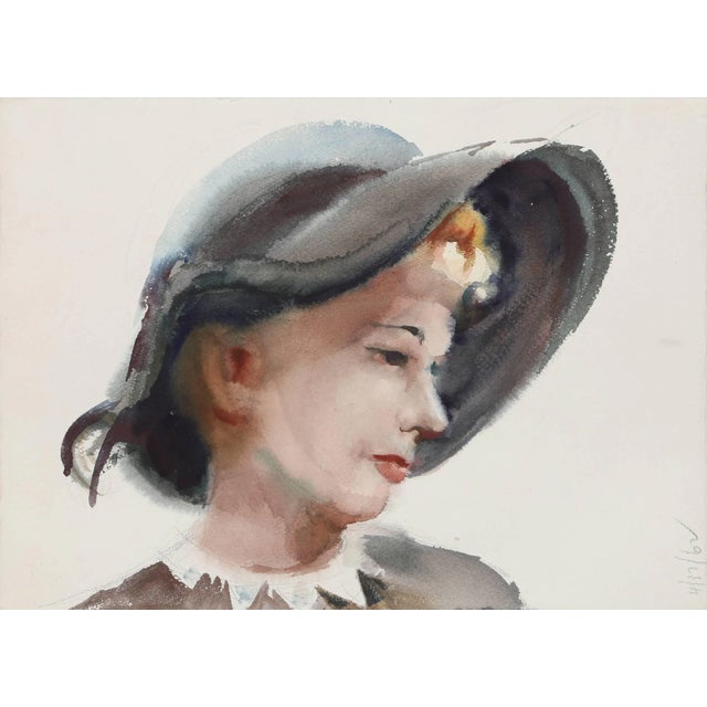 Eve Nethercott Portrait of Woman in Hat, Watercolor by Eve Nethercott circa 1962 For Sale