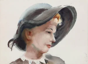 Eve Nethercott Portrait of Woman in Hat, Watercolor by Eve Nethercott circa 1962