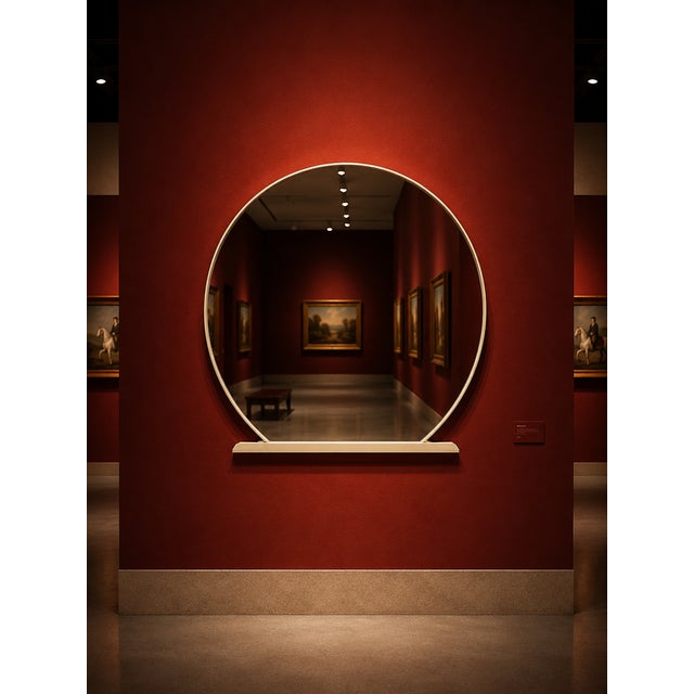 A large round mirror with a soft cream-colored frame and a clean sculptural base. The rounded silhouette and neutral...