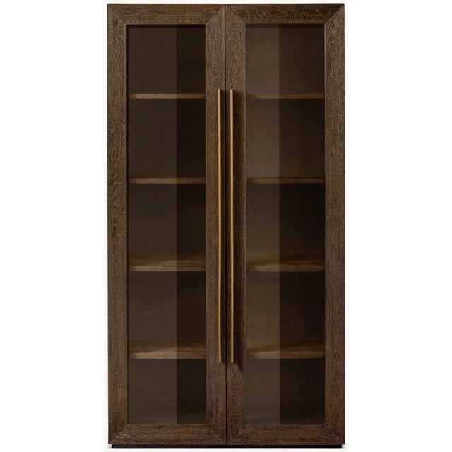 Postmodern Rh Machinto Glass Cabinet in Brown Oak With Burnished Brass — Like New For Sale - Image 3 of 7