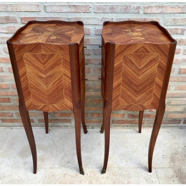 Early 20th Century French Bedside Tables in Marquetry & Bronze with Iron Details, Set of 2 For Sale - Image 9 of 15