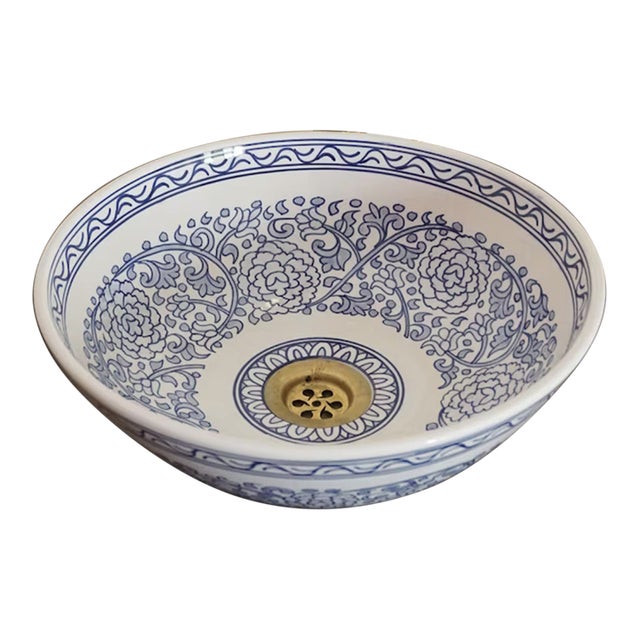 Contemporary Blue and White Bathroom Wash Basin with Brass Drain For Sale