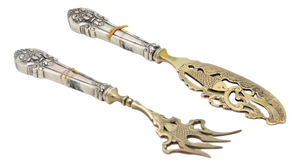 Silver Fish Knife and Fork with Gold Trim and Raised Handles, Set of 2