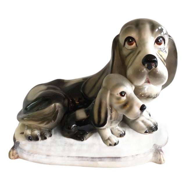 1950s Japanese Porcelain Hound Dog and Pup on Pillow For Sale