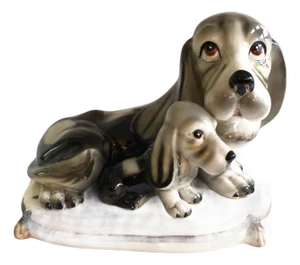 1950s Japanese Porcelain Hound Dog and Pup on Pillow