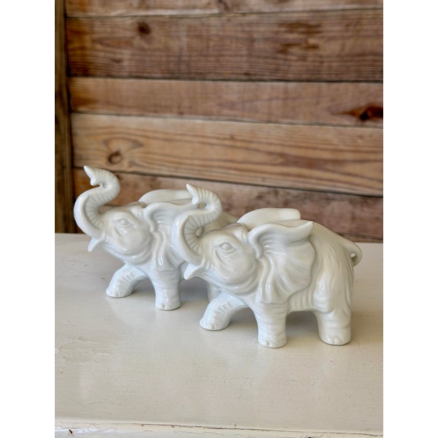 White Pair of Vintage Inarco White Glazed Elephant Figurines With Raised Trunks For Sale - Image 8 of 12