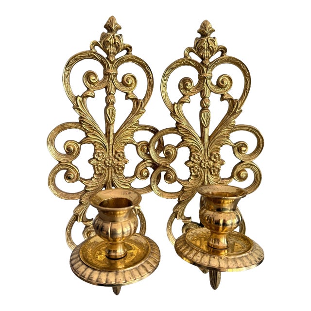 Vintage Solid Brass Baroque Wall Sconces Pair -W/ Detachable Holders Heavyweight Made in India For Sale