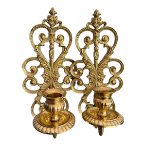 Vintage Solid Brass Baroque Wall Sconces Pair -W/ Detachable Holders Heavyweight Made in India