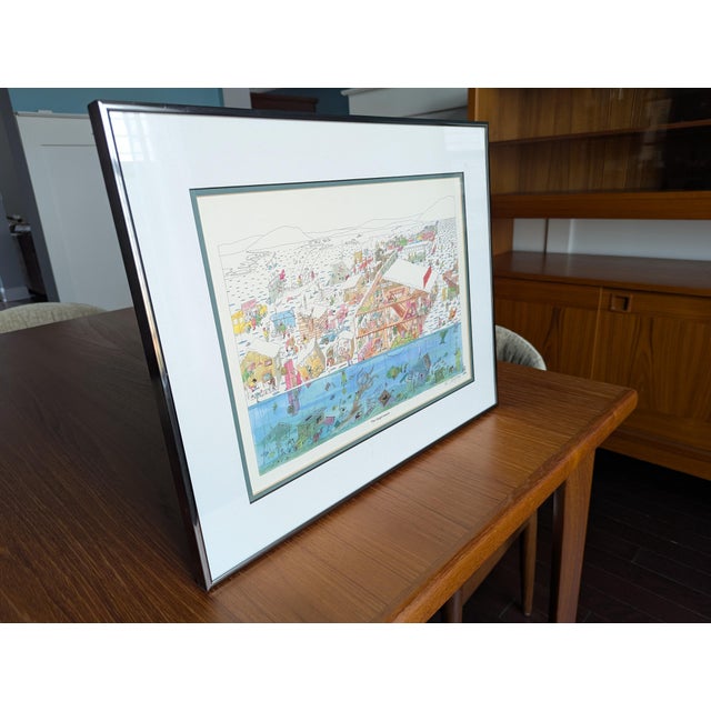1987 Pencil Signed Bruce Johnson Whimsical Ice Fishing Print "The Augernauts" Framed For Sale - Image 4 of 9