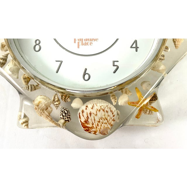 McM-Coastal-Lucite Wall Clock – Shaped Like a Seashell-Embedded Throughout With Tiny Seashells For Sale - Image 4 of 8