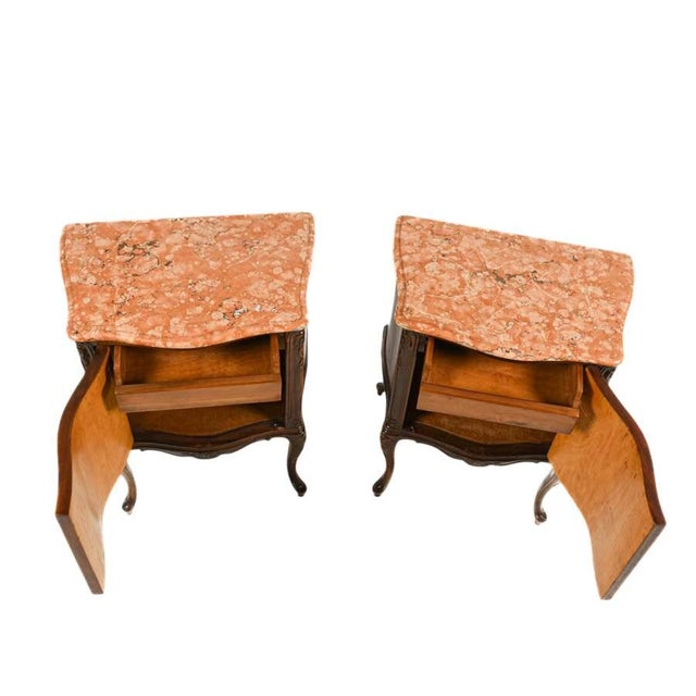 Antique Pair of French Walnut Nightstands With Pink‑Orange Marble Tops and Cabriole Legs For Sale - Image 4 of 6