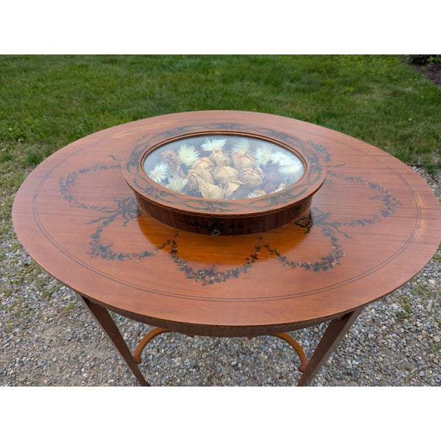 Early 20th Century Unique Edwardian Antique Satinwood 2-Tier Parlour Side Table W/ Hand Painted Floral Garlands & Center Display For Sale - Image 5 of 9