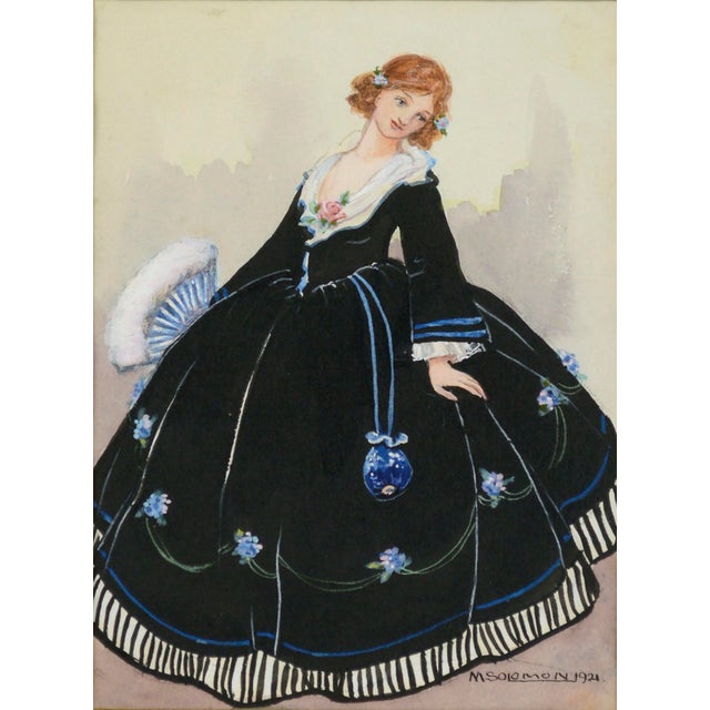 Finely detailed historical figurative fashion illustration painted in watercolor in 1921, of a lady in 17th century dress;...
