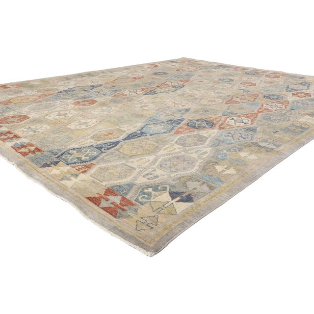 ​30627 Distressed Vintage Modern Tribal Oushak Rug, 09'11 x 12'11. A stunning homage to time-honored weaving traditions,...