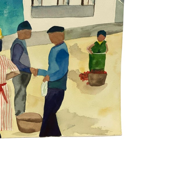 1970s 1970s Signed M. Hinea Coastal Village Market Original Watercolor Painting. For Sale - Image 5 of 10