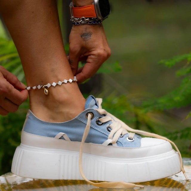 Silver Clover Pearl Beaded Gold Evil Eye Charm Anklet For Sale - Image 8 of 10