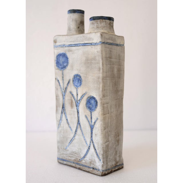 Vintage Signed Studio Pottery Double Spout Fat Lava Vase With Abstract Flowers For Sale In San Francisco - Image 6 of 10